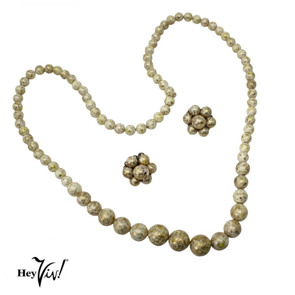 Vintage Necklace Clip On Earring Set Japan White Gold Flecked Beads 26" -Hey Viv